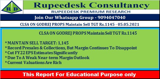 CLSA ON GODREJ PROPS Maintain Sell TGT Rs.1145