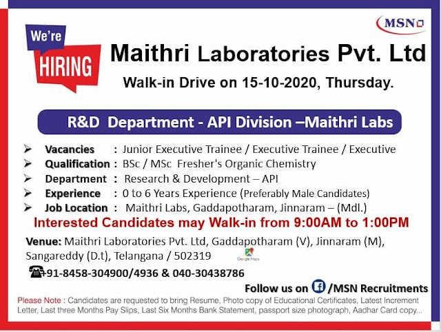 Job Availables, Maithri Labs Ltd Walk-In Drive for Freshers & Experienced BSc/ MSc Organic Chemistry -  API R&D Department