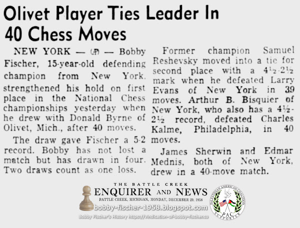 Bobby Fischer Strengthens Hold on National Chess Championship Title