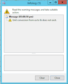 Infolog of Unit conversion error that conversion between unit classes does not exist.