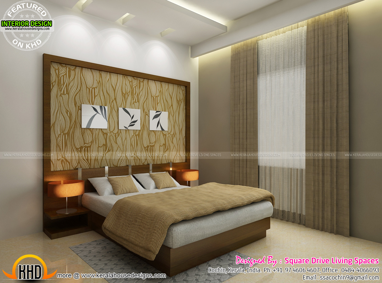 Interior designs of master bedroom, living, kitchen and 