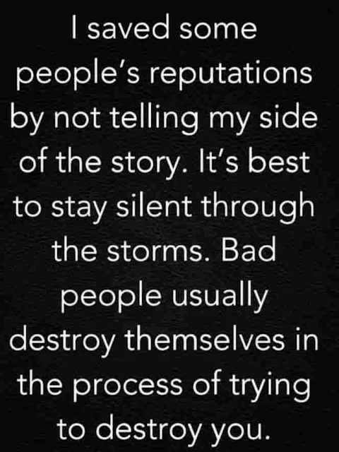 I saved some people's reputations by not telling my side of the story its best to stay silent through the storms bad people usually destroy themselves in the process of trying to destroy you..
