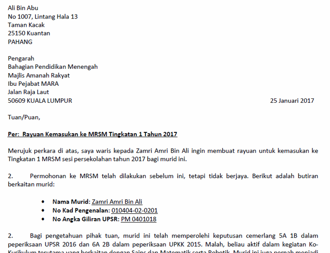 Format & Contoh Surat Rayuan Kemasukan ke MRSM