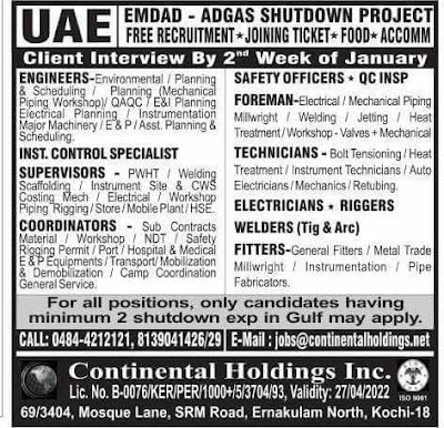 UAE Shutdown Project Large Job opportunities - Free Recruitment - free food & accommodation