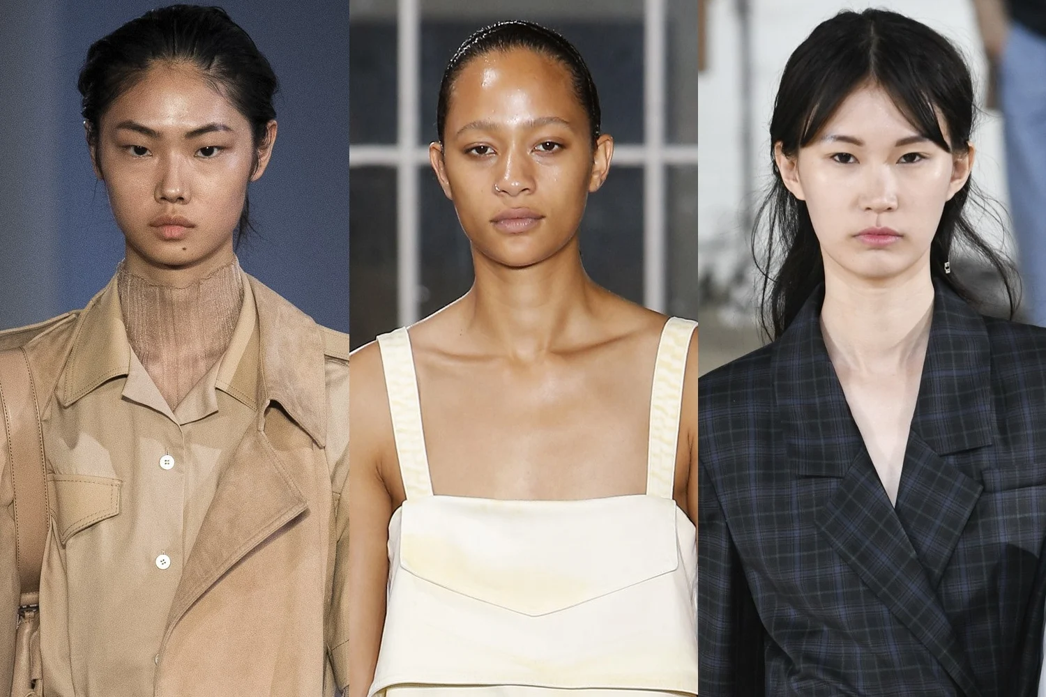 collage with three beautiful makeup looks from the  Dion Lee, Proenza Schouler, Tibi fashion runway shows