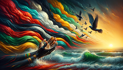 The image captures the essence of peace and liberation following acceptance. It might show a serene seascape after a storm or hands gently releasing a bird into the sky, symbolizing the release of burdens and the embrace of freedom. The Pan-African colors—red, black, green, and yellow—feature prominently, woven together to symbolize unity, strength, and cultural heritage. These colors blend harmoniously, radiating tranquility, empowerment, and enlightenment. The image is a testament to the journey of overcoming adversity and resonates with those seeking solace and strength in their Africentric roots.