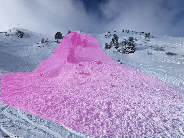 Die Lawine im Nahbereich des Gedrechter. Die Lawine löste sich kammnah in einer Höhe von 2050m in einem extrem steilen NO-Hang. Die Lawine war ca. 120m lang und 60m breit. Kreis: Verschüttungsstelle (Foto: 05.02.2023)