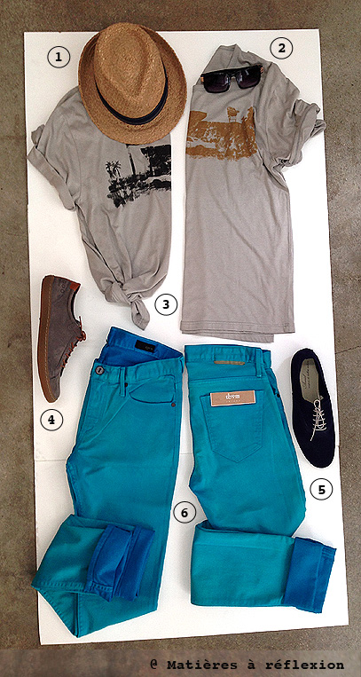 Tshirt Charlotte sometime, lunettes Spitfire, Jean turquoise Thvm, derbies Anniel, Sneakers en nubuck Piola, Trilby Stetson