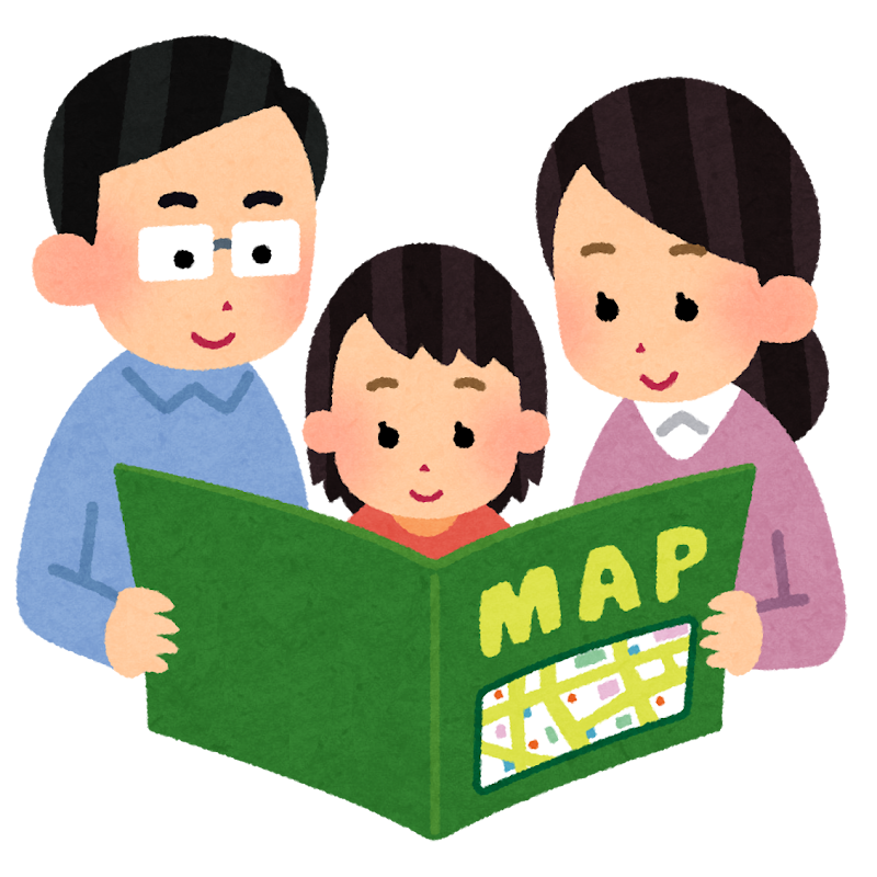 無料イラスト かわいいフリー素材集 地図を見ている家族のイラスト