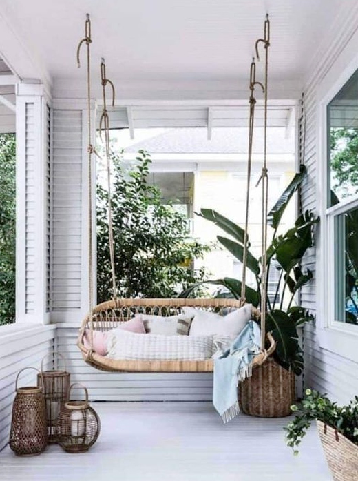 Rattan Hanging Bench Porch Idea