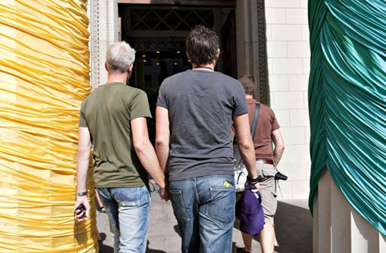 A gay couple enters Copenhagen Cathedral July 30, 2009. Same-sex couples attending the ongoing World Outgames 2009, a sports and cultural event hosted by the gay community, had the opportunity to have their relationship blessed by the church. REUTERS/Casper Christoffersen/Scanpix Denmark  (DENMARK SOCIETY POLITICS) NO COMMERCIAL OR BOOK SALES. DENMARK OUT. NO COMMERCIAL OR EDITORIAL SALES IN DENMARK