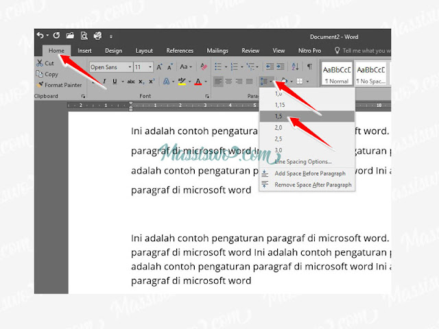 Mengubah spasi 1 5 di word