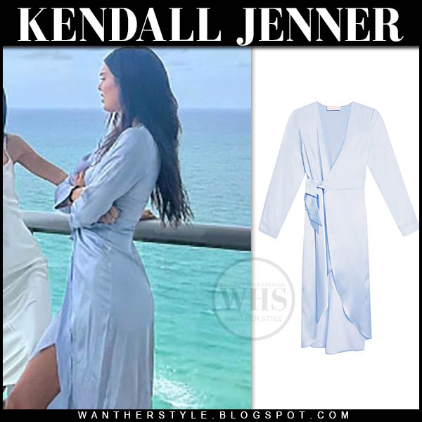 Kendall Jenner in powder blue silk wrap robe