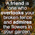 A friend is one who overlooks your broken fence and admires the flowers in your garden. 