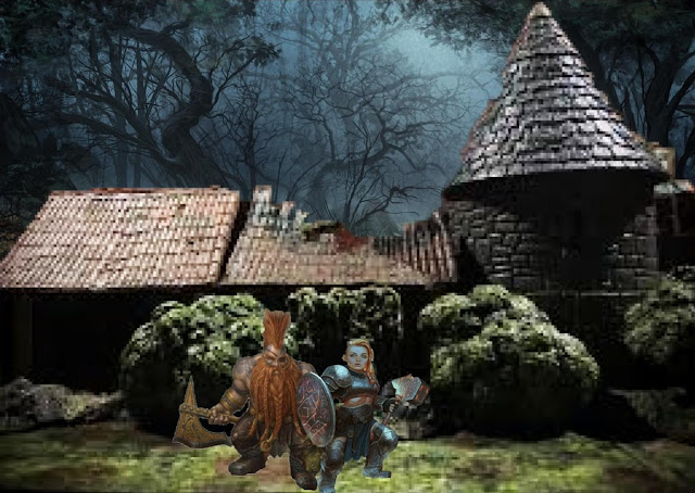 Icehammer Dwarves emerging from the Woodland Manse to confront the anchorites