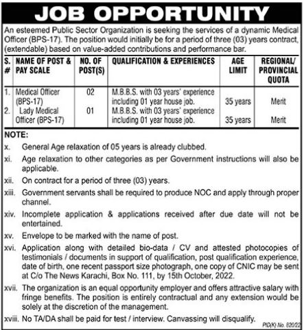 Latest Public Sector Organization Medical Posts Karachi 2022