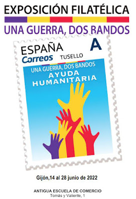 cartel, filatelia, exposición, Texu, Gijón, ayuda humanitaria, sellos