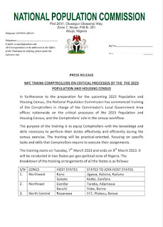 NPC Census 2023 Training Update: The training starts on Tuesday, 7th March 2023, and ends on 9th March 2023. It will be conducted in two States per geo-political zone of Nigeria. 