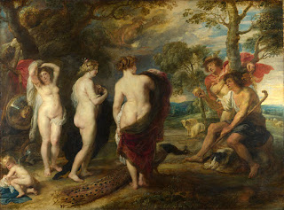 The original Judgment of Paris has parallels to Greek Mythology where a contest between the three most beautiful goddesses of Olympos Aphrodite, Hera and Athena challenge each other for the prize of a golden apple addressed "To the Fairest.