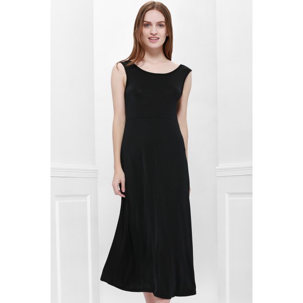 Scoop Neck Solid Color V-Shape Backless Black Sleeveless Maxi Dress