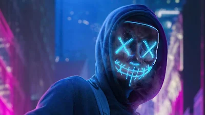Hoodie Guy With A Glowing Led Mask In City