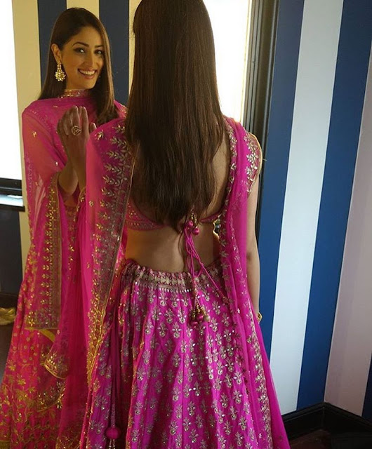 Yami Gautam Gorgeous in Pink Gota Work Embroidery Bridal Lehenga