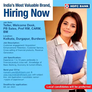 HDFC BANK Recruitment 2023 | HDFC BANK Job Vacancy Kolkata 2023 | Private Bank Job Vacancy 2023 Kolkata | Apply Online