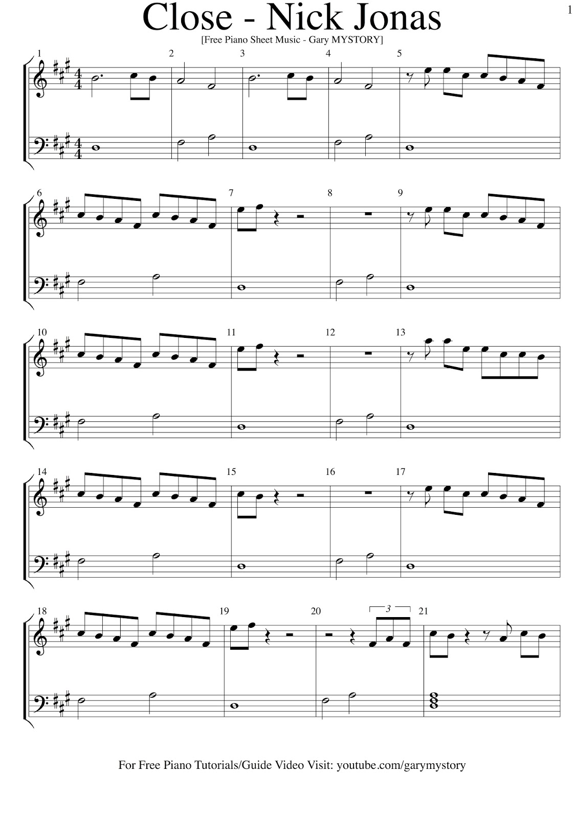 Nick Jonas - Close feat. Tove Lo FREE PIANO SHEET MUSIC (Easy Piano