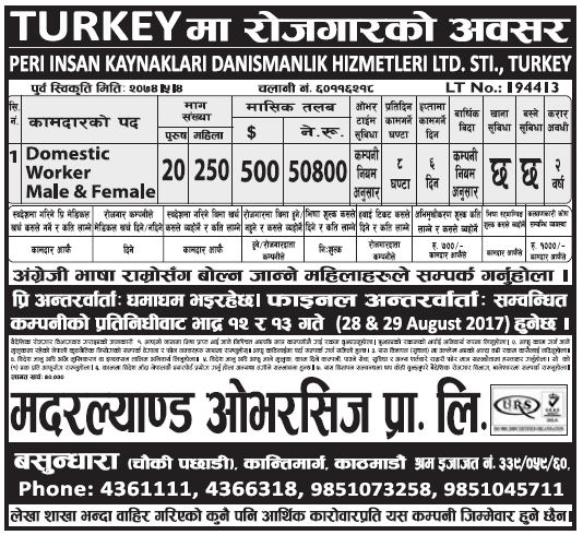 Jobs in Turkey for Nepali, Salary Rs 50,800