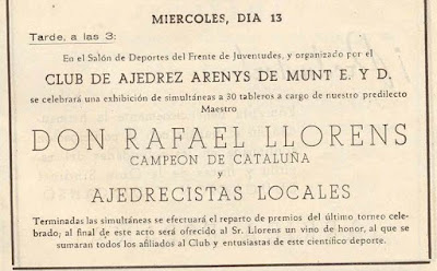 Cartel anunciando unas simultáneas de Rafael Lloréns en Arenys de Munt en noviembre de 1944