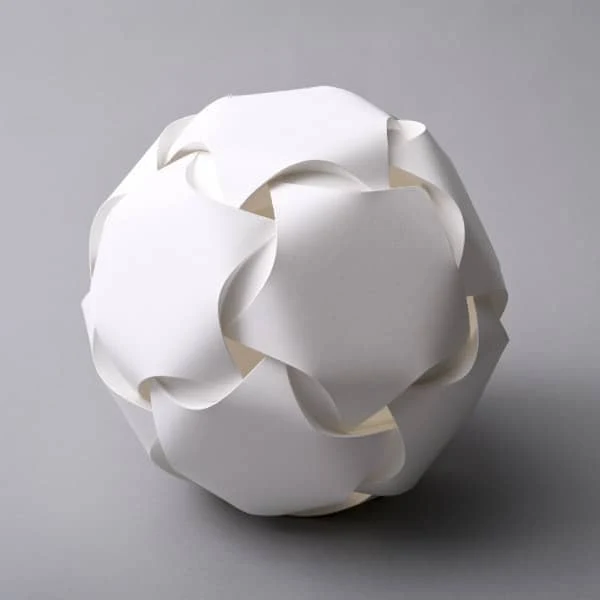 creased and curved 3D white paper sculpture ball-like model