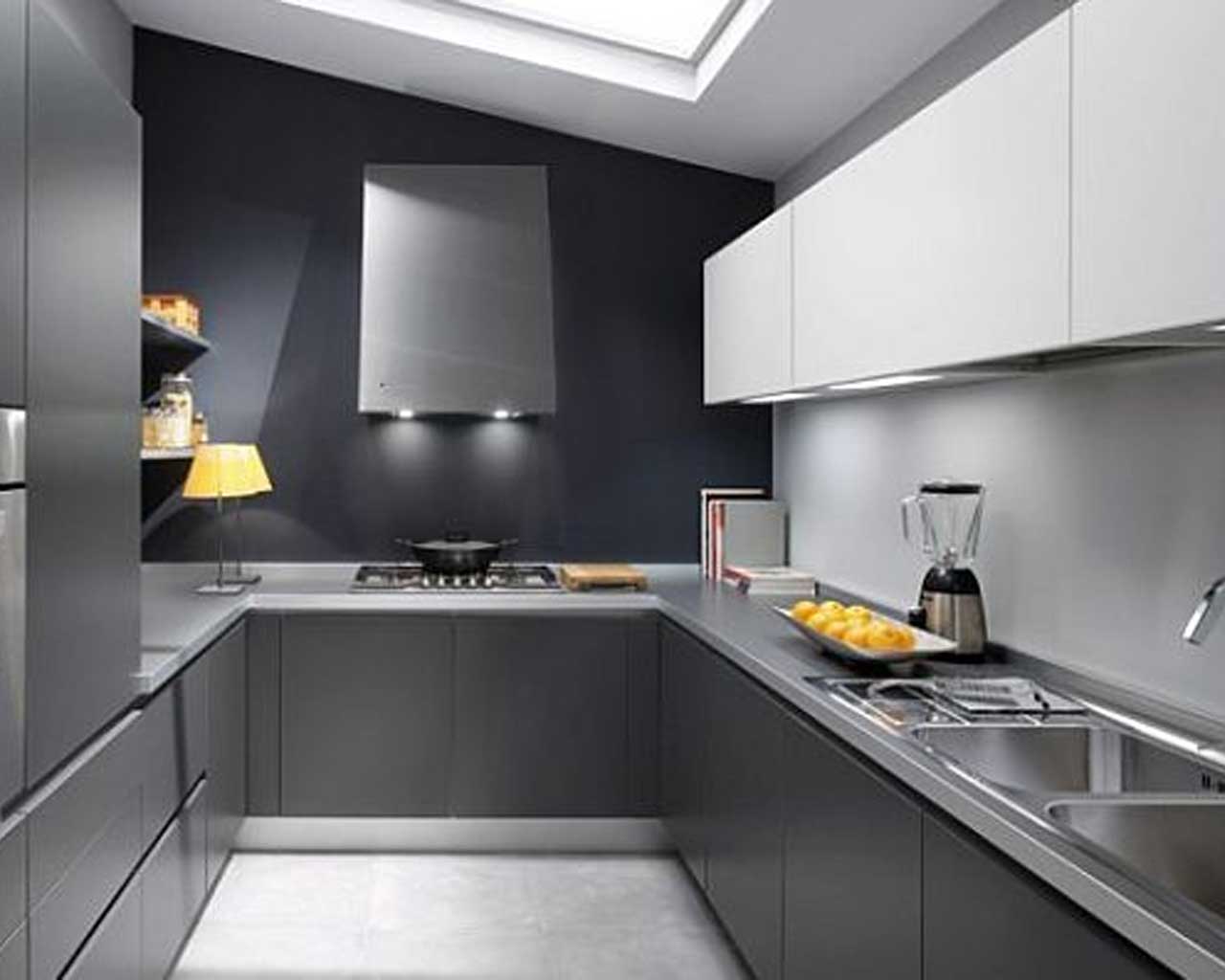 Desain Dapur Minimalist Biru Bentuk U Untuk Ruang Sempit Desain
