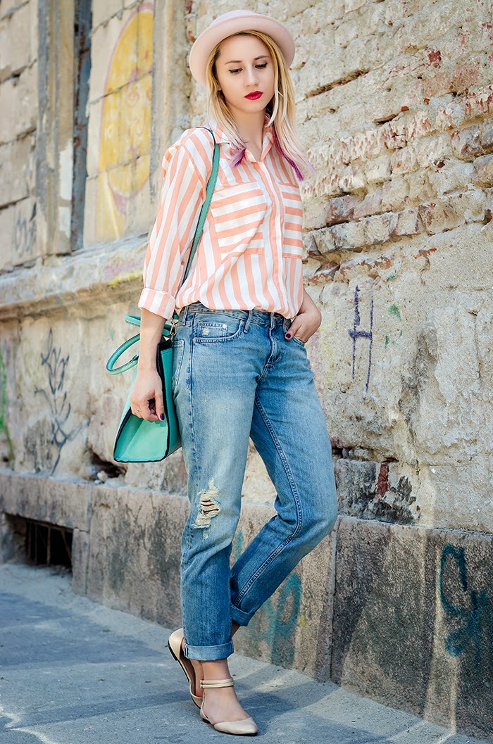 H&M boyfriend jeans nowistyle striped shirt H&M hat asos flats 