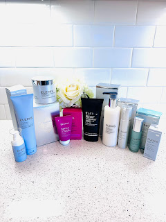 A collection of Elemis skincare products arranged elegantly, showcasing the Clarifying Serum, Clarifying Clay Wash, Dynamic Resurfacing Facial Pads, Superfood Blackcurrant Jelly Exfoliator, Pro-Collagen Tri-Acid Peel, Dynamic Resurfacing Gel Mask, Ultra Smart Pro-Collagen Complex Serum, Deep Cleanse Facial Wash, and Dynamic Resurfacing Facial Wash in a harmonious display.