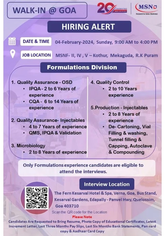 MSN Laboratories | Walk-in interview at Goa for Hyderabad location on 4th Feb 2024