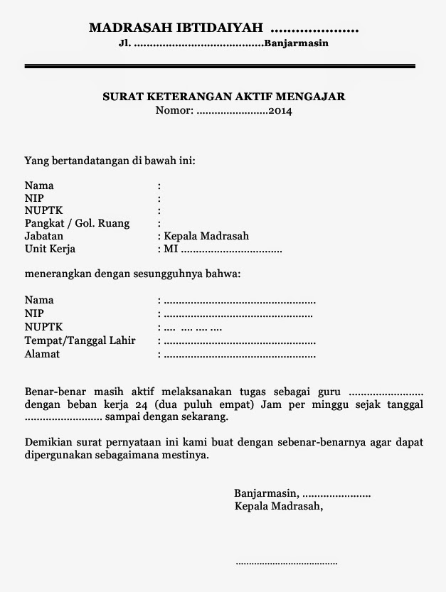 INFO PENGAWAS MADRASAH BANJARMASIN Contoh Surat Keterangan Aktif Mengajar