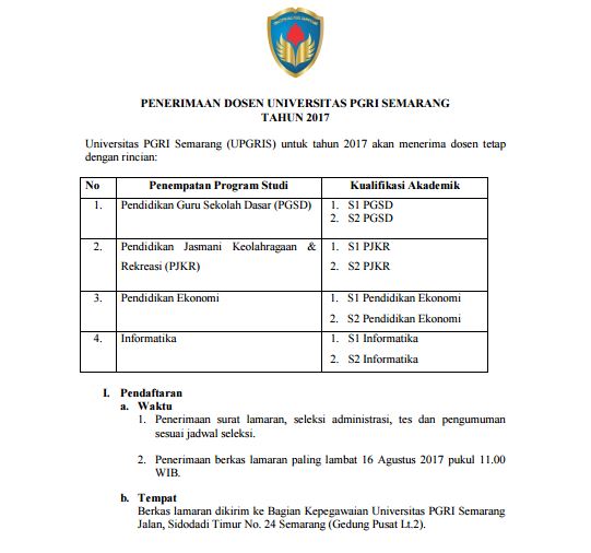 Lowongan Dosen Universitas PGRI Semarang Tahun 2017 