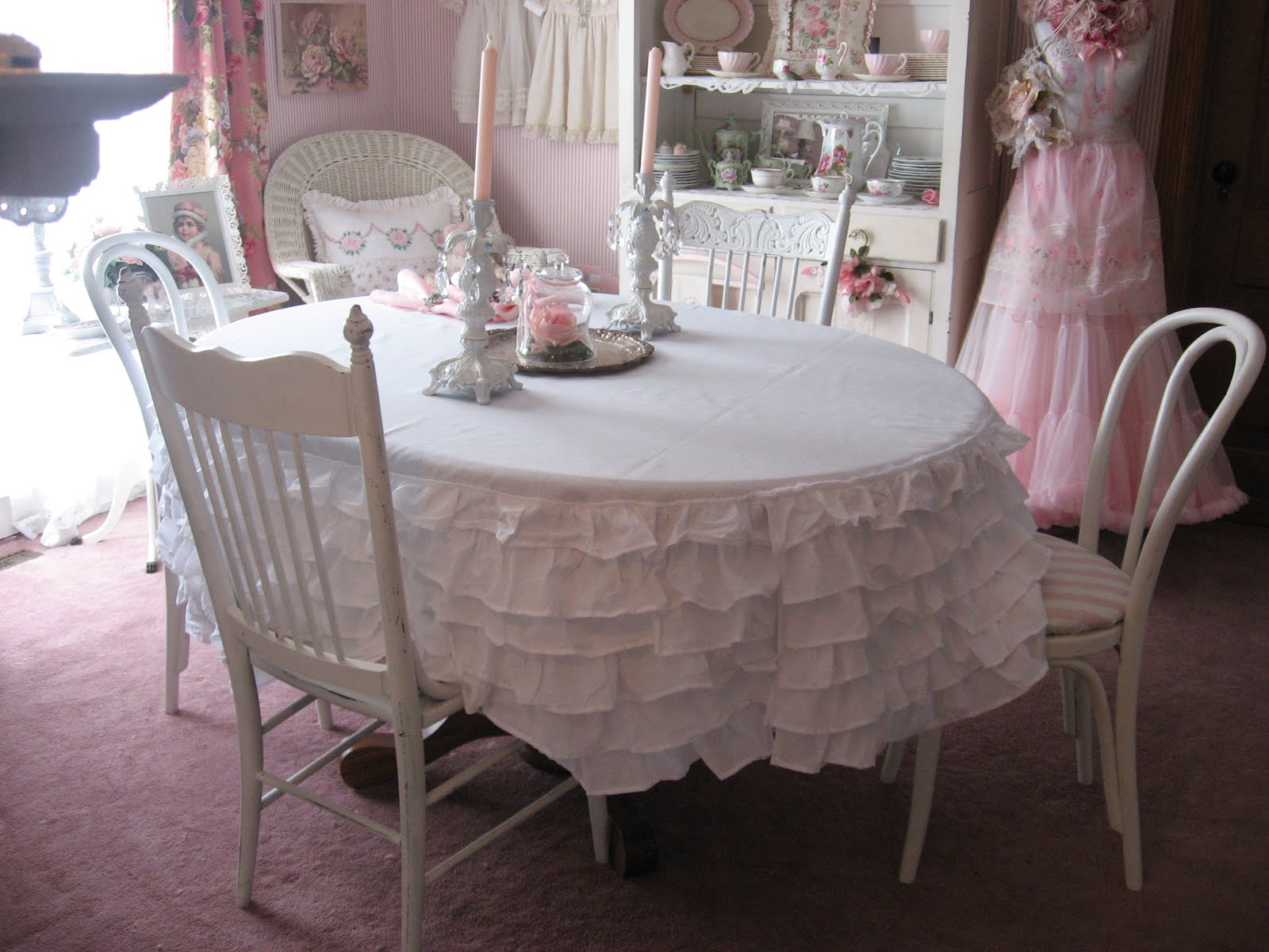 Shabby Cats And Roses Ruffled Bedskirt Turned Tablecloth