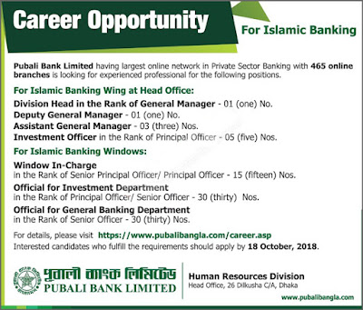 Pubali Bank Job Circular 2018 for Islamic Banking Wing and Window