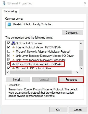 klik pada 'Internet Protocol Version 4 (TCP / IPv4)'