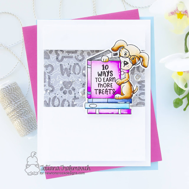 Dog Reading Book Card by Tatiana Trafimovich | Puppy's Reading List Stamp Set and Woof Stencil by Newton's Nook Designs