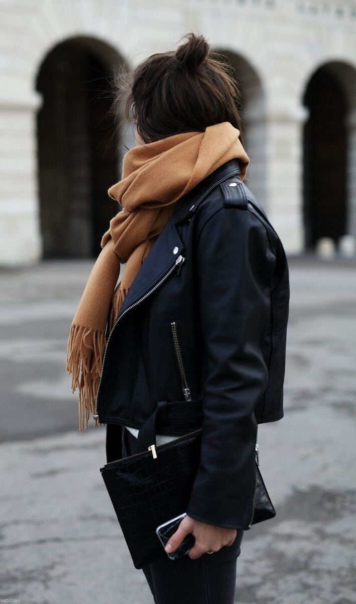 winter street style addiction / nude scarf + biker jacket + clutch + jeans