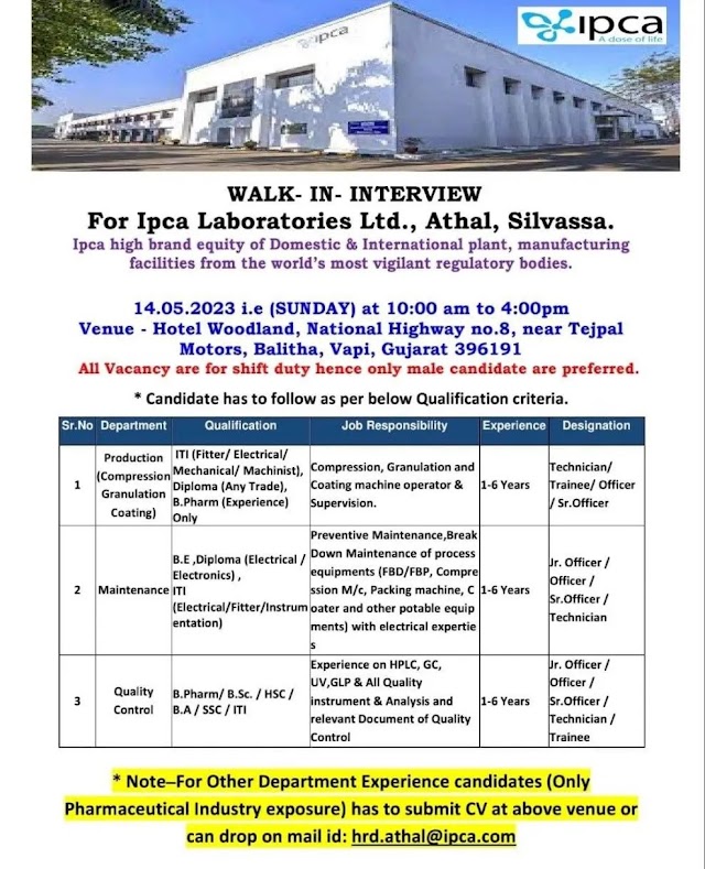 IPCA Laboratories | Walk-in interview for Multiple Positions on 14th May 2023