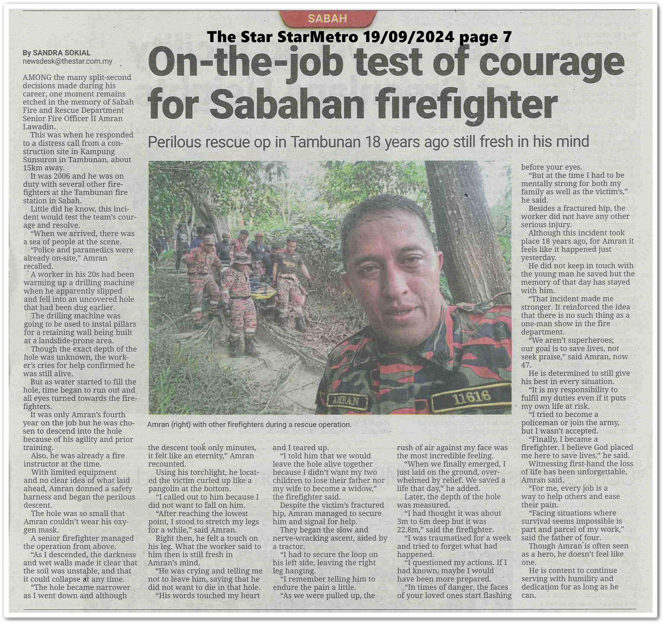 On-the-job test of courage for Sabahan firefighter | Keratan akhbar The Star 19 September 2024