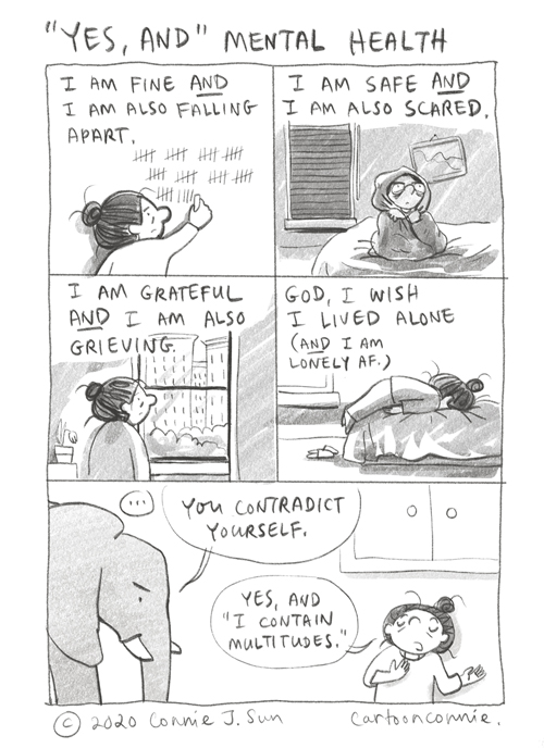 comic strip, cartoon about mental health in a pandemic, contradictory complex emotions, and forgiving ourselves, sketchbook, drawing, connie sun, cartoonconnie, walt whitman quote