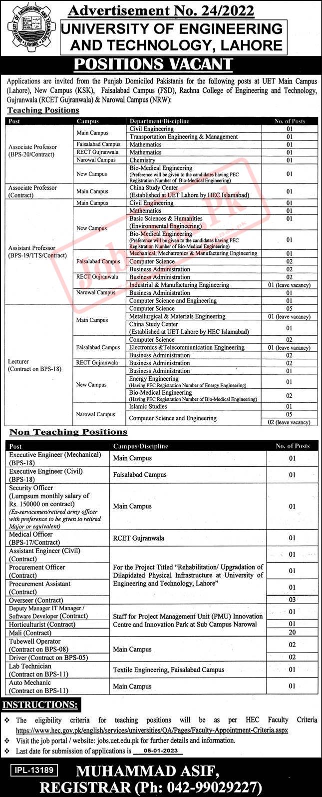 UET Lahore Jobs 2023 - University of Engineering and Technology Jobs 2023