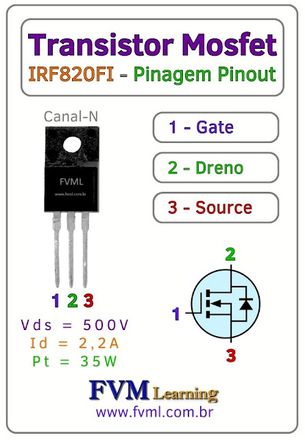 Datasheet-Pinagem-Pinout-Transistor-Mosfet-Canal-N-IRF820FI-Características-Substituição-fvml