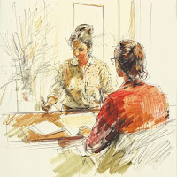 Image by Sheila Webber using Midjourney AI using prompt woman administering questionnaire survey, office setting, line drawing, pastel wash - it has 2 women sitting opposite each other with pen and paper