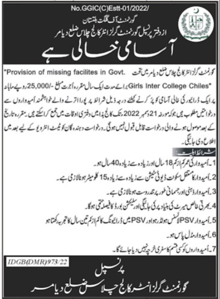 Latest Government Girls Inter College Driving Posts Diamer 2022