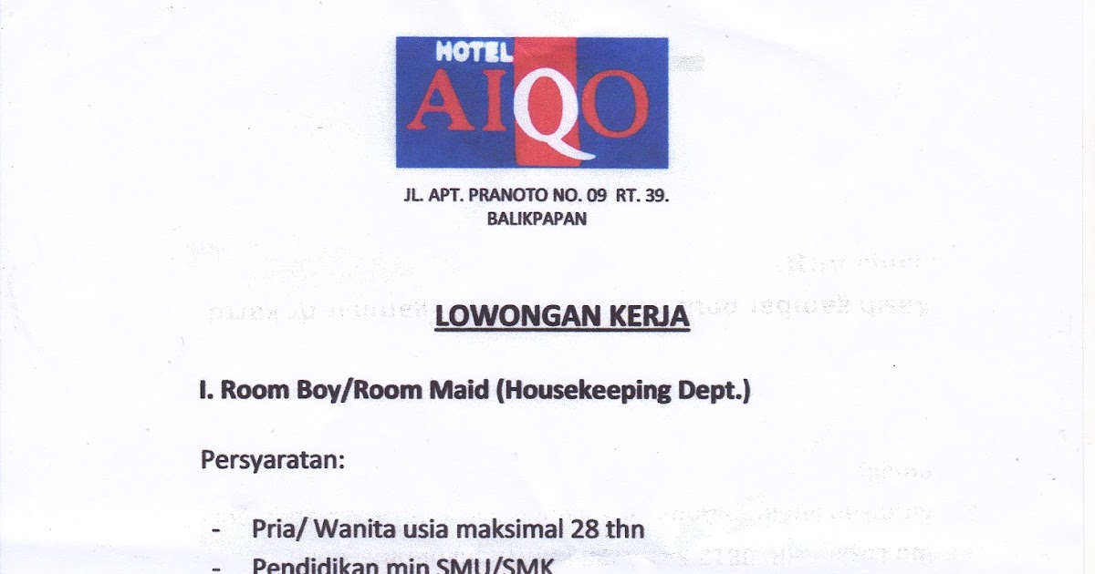 Lowongan Kerja Kota Balikpapan: HOTEL AIQ0